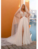 Plunging Neck Beaded Ivory Lace Tulle Slit Wedding Dress